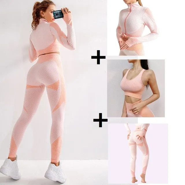 3 Piece Women Sport Wear Leggings High Support Bra Crop Top Workout Gym Yoga Suits
