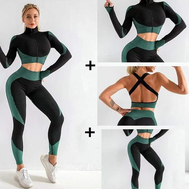 3 Piece Women Sport Wear Leggings High Support Bra Crop Top Workout Gym Yoga Suits