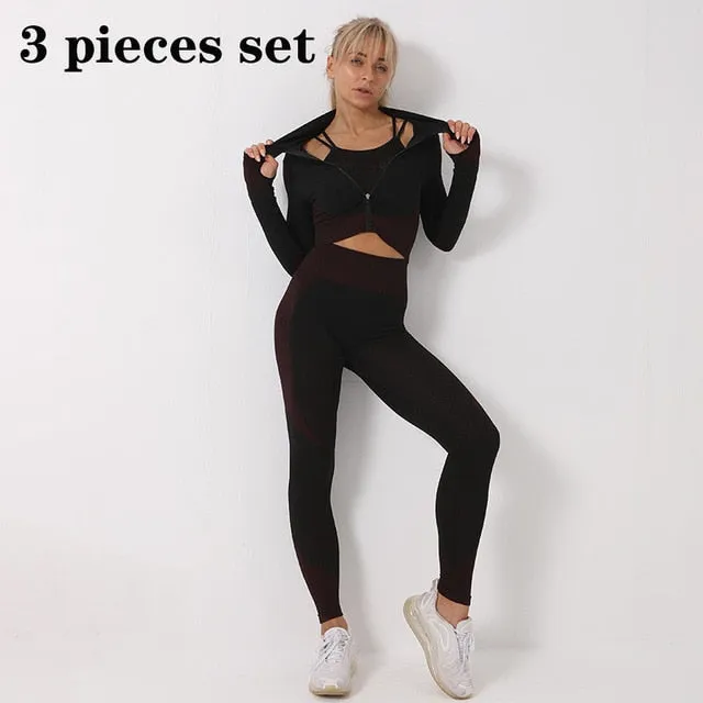 3 Piece Women Sport Wear Leggings High Support Bra Crop Top Workout Gym Yoga Suits