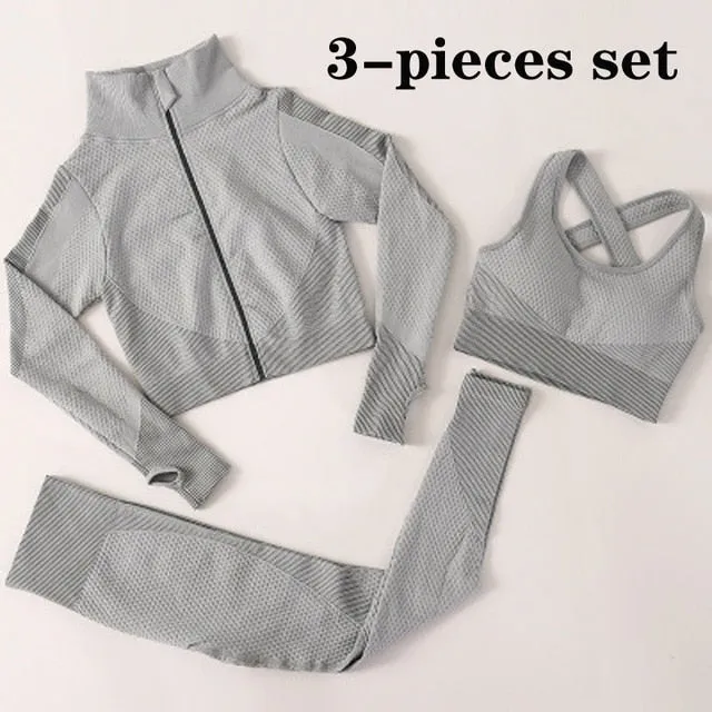 3 Piece Women Sport Wear Leggings High Support Bra Crop Top Workout Gym Yoga Suits