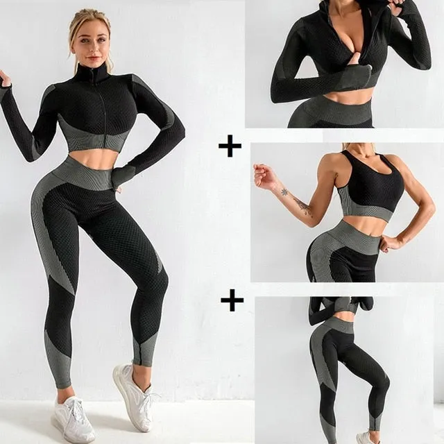 3 Piece Women Sport Wear Leggings High Support Bra Crop Top Workout Gym Yoga Suits