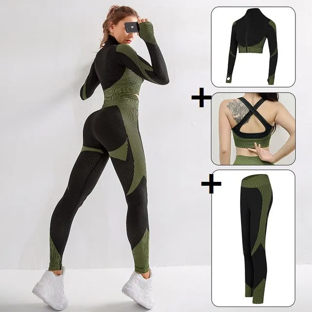 3 Piece Women Sport Wear Leggings High Support Bra Crop Top Workout Gym Yoga Suits