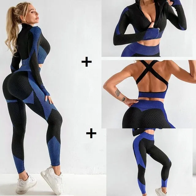 3 Piece Women Sport Wear Leggings High Support Bra Crop Top Workout Gym Yoga Suits
