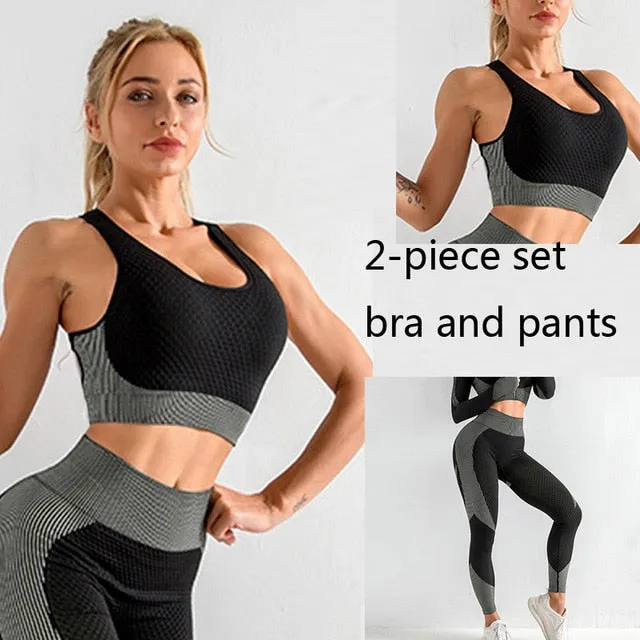 3 Piece Women Sport Wear Leggings High Support Bra Crop Top Workout Gym Yoga Suits