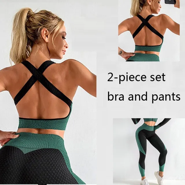 3 Piece Women Sport Wear Leggings High Support Bra Crop Top Workout Gym Yoga Suits