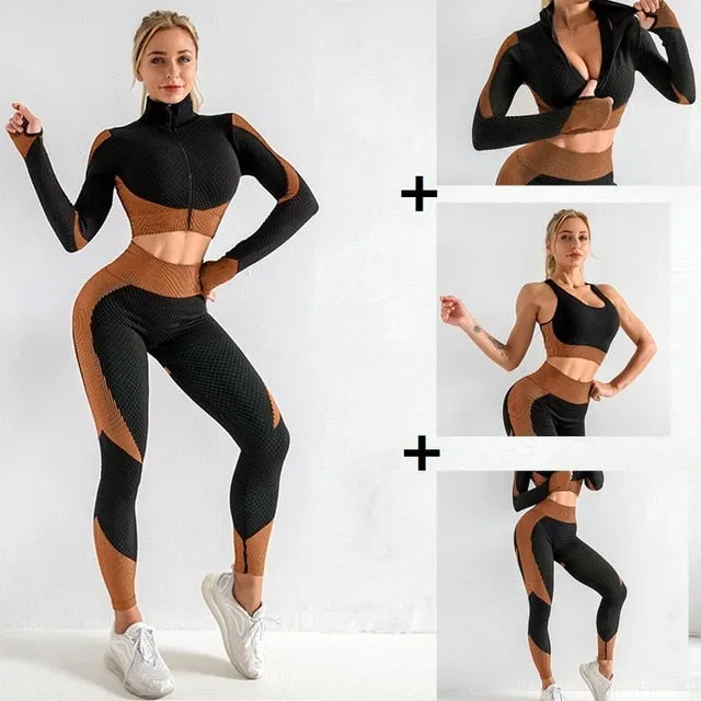 3 Piece Women Sport Wear Leggings High Support Bra Crop Top Workout Gym Yoga Suits