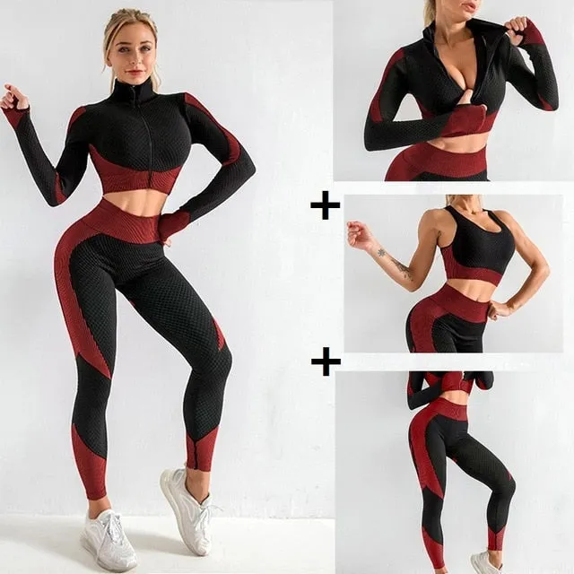 3 Piece Women Sport Wear Leggings High Support Bra Crop Top Workout Gym Yoga Suits