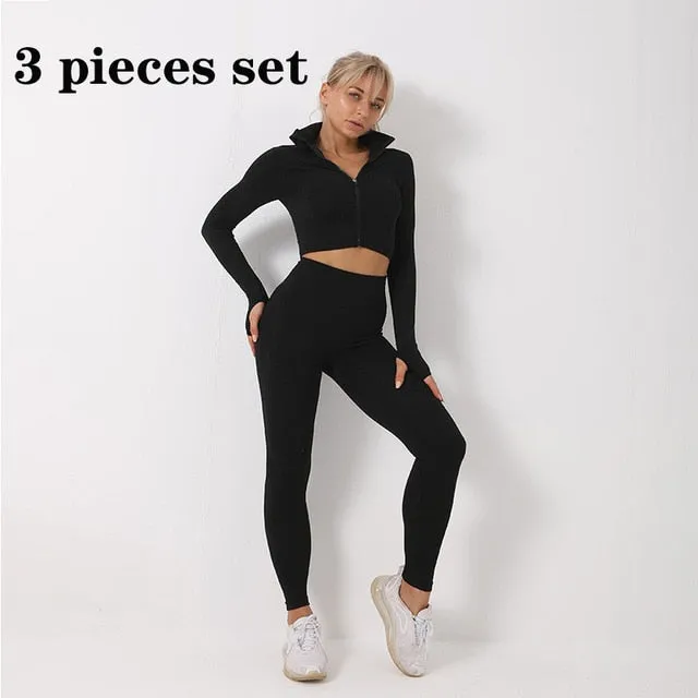 3 Piece Women Sport Wear Leggings High Support Bra Crop Top Workout Gym Yoga Suits
