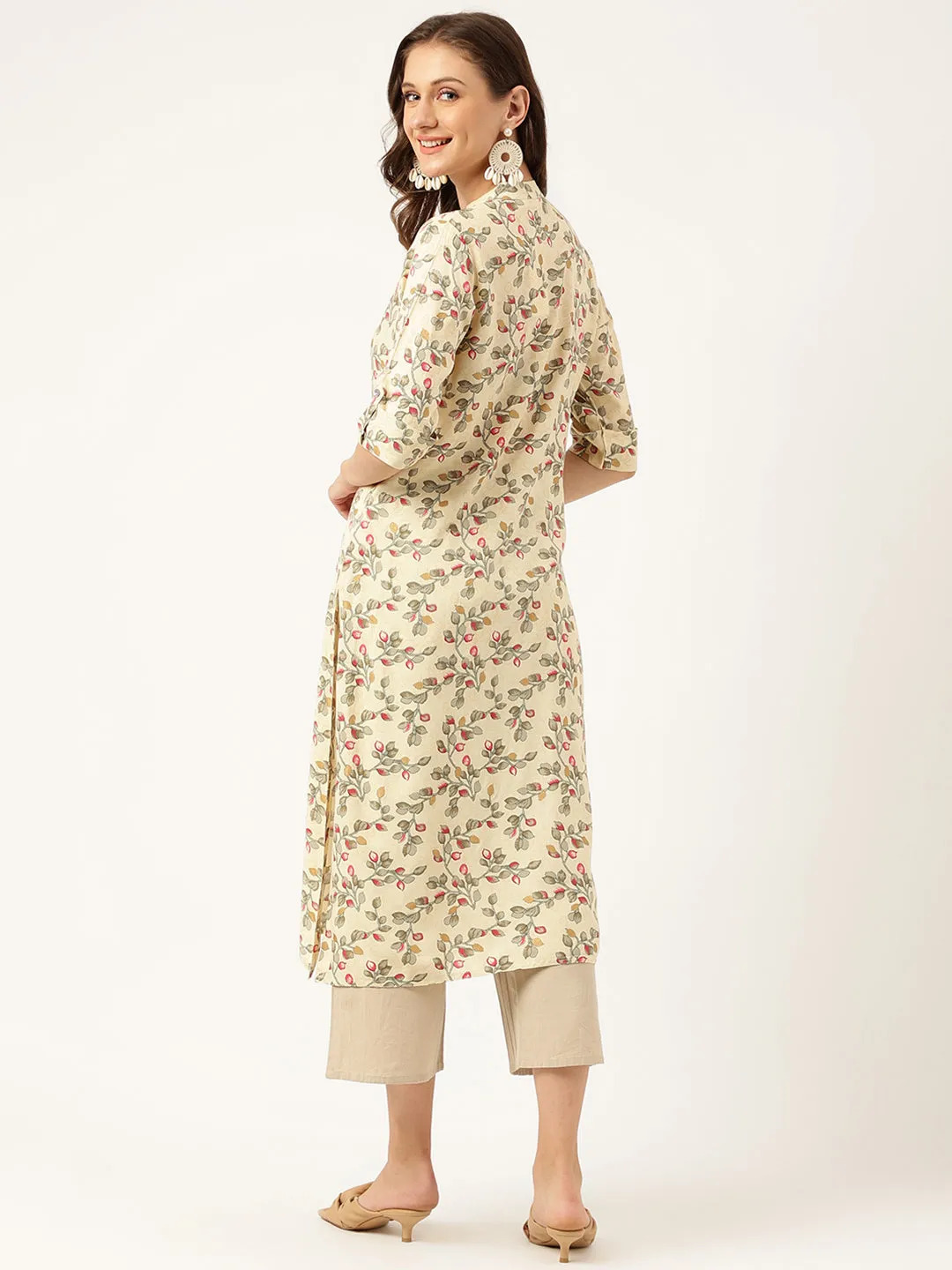 Beige Floral Digital Printed Straight Fold Sleeve Kurta