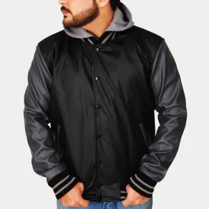 Best Sale Genuine Looking Black & Grey Hoodie Leather Varsity Jacket