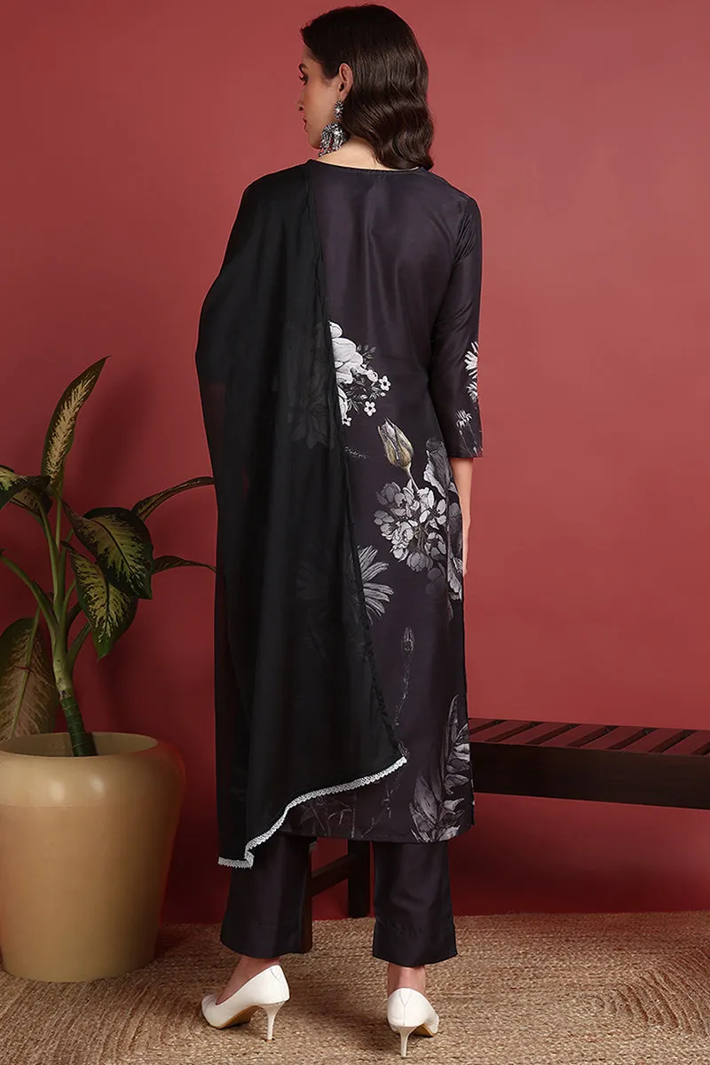Black Silk Blend Floral Printed Straight Suit Set