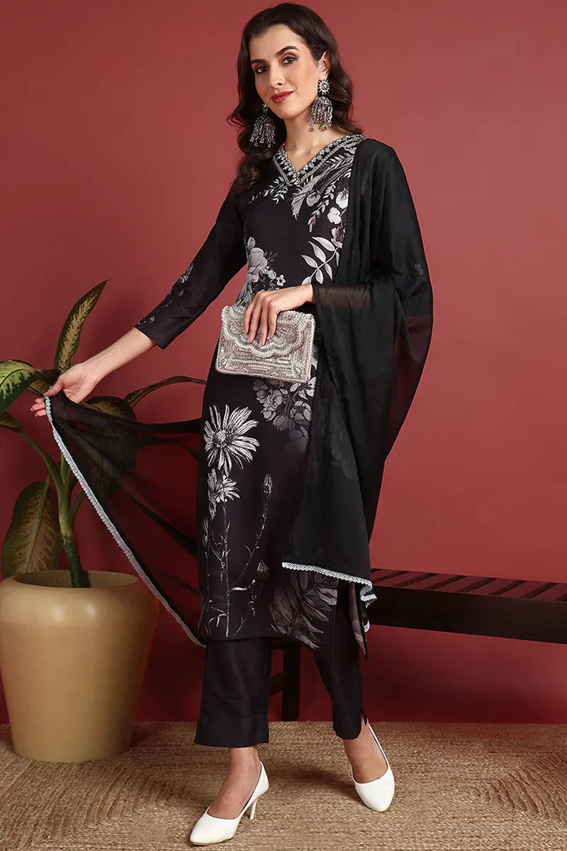 Black Silk Blend Floral Printed Straight Suit Set