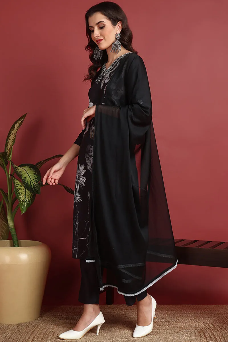 Black Silk Blend Floral Printed Straight Suit Set
