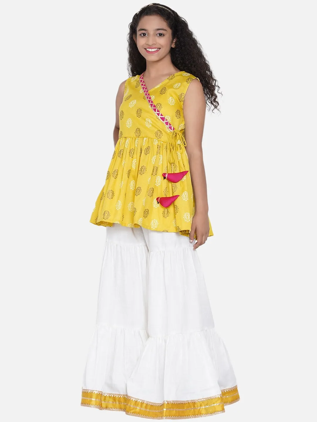 Girls Mustard Yellow Floral Printed Angrakha Kurti With Sharara