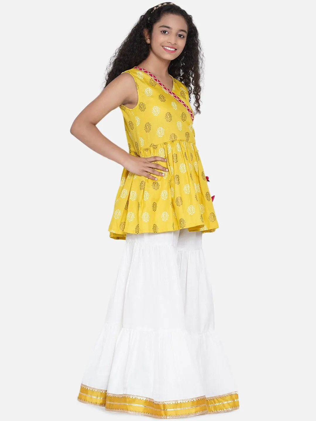 Girls Mustard Yellow Floral Printed Angrakha Kurti With Sharara