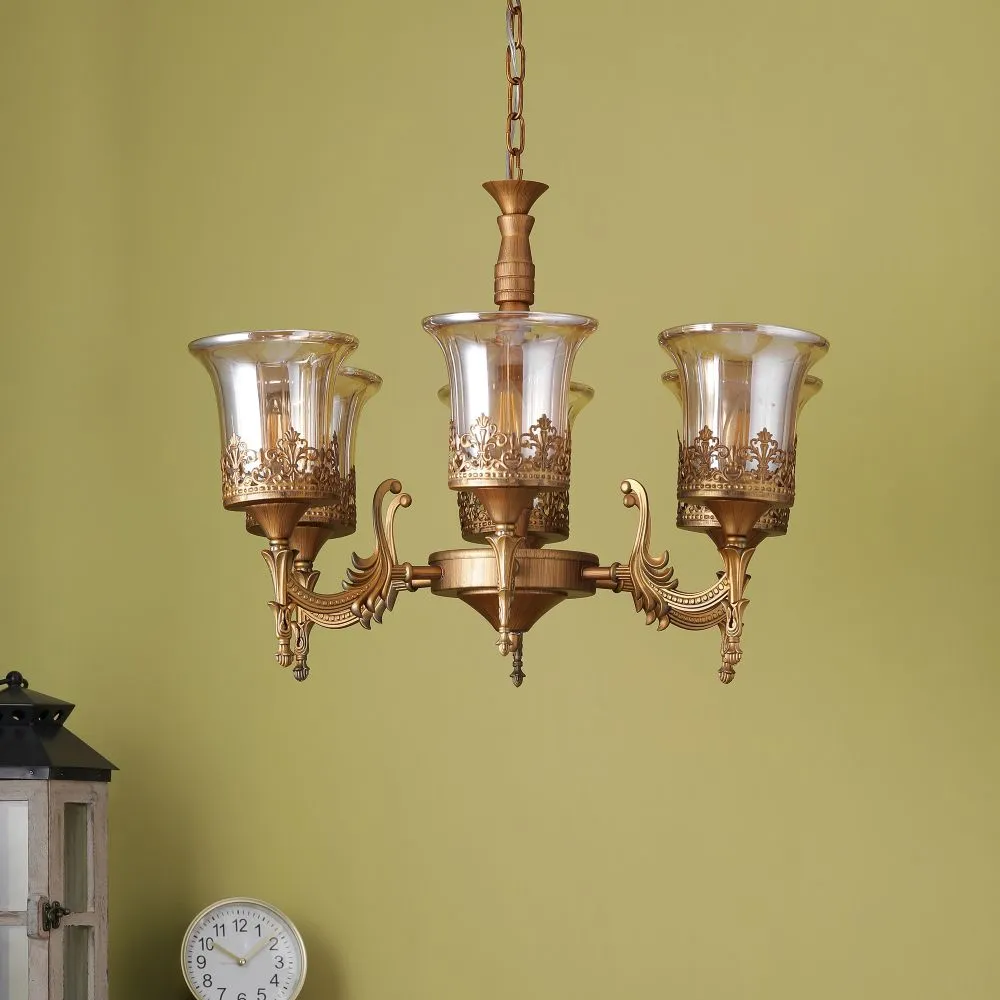 Golden Metal Chandelier 6 Lamps Gold S-197-6LP