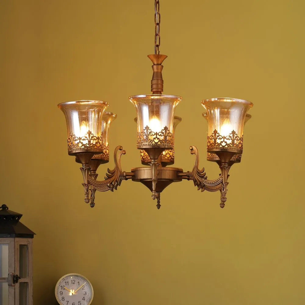 Golden Metal Chandelier 6 Lamps Gold S-197-6LP