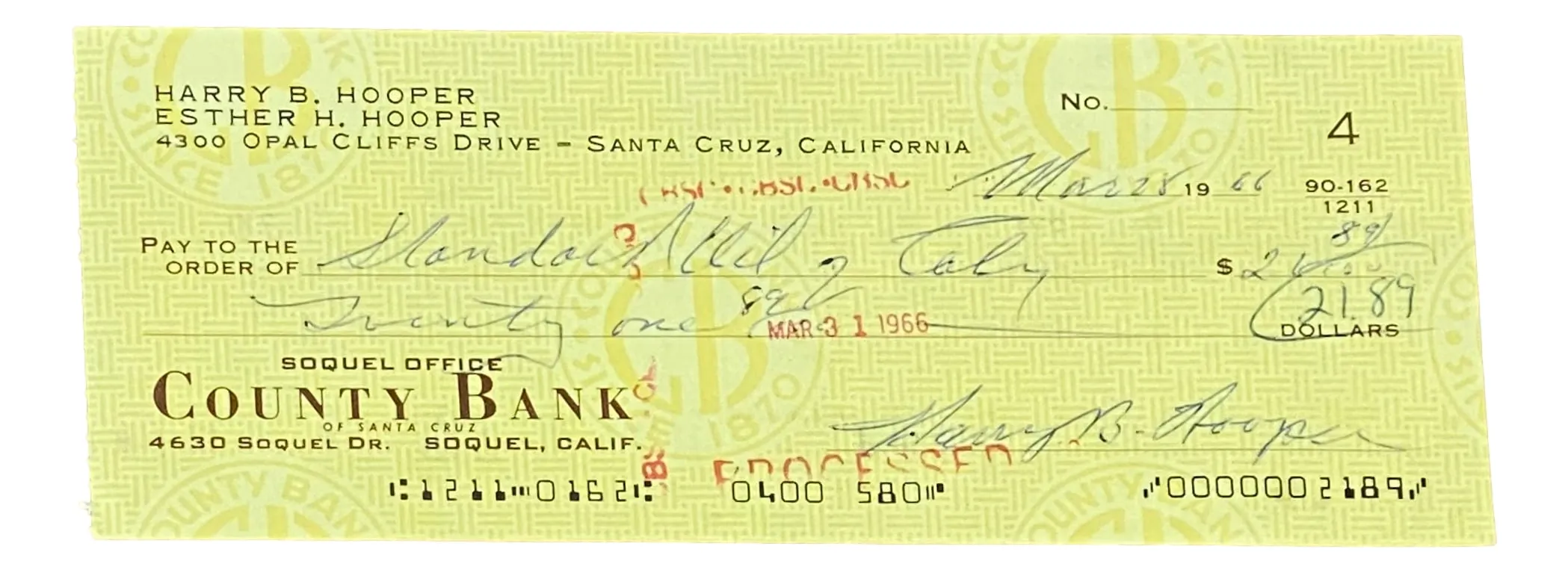 Harry Hooper Boston Red Sox Signed March 28 1966  Bank Check 2 BAS