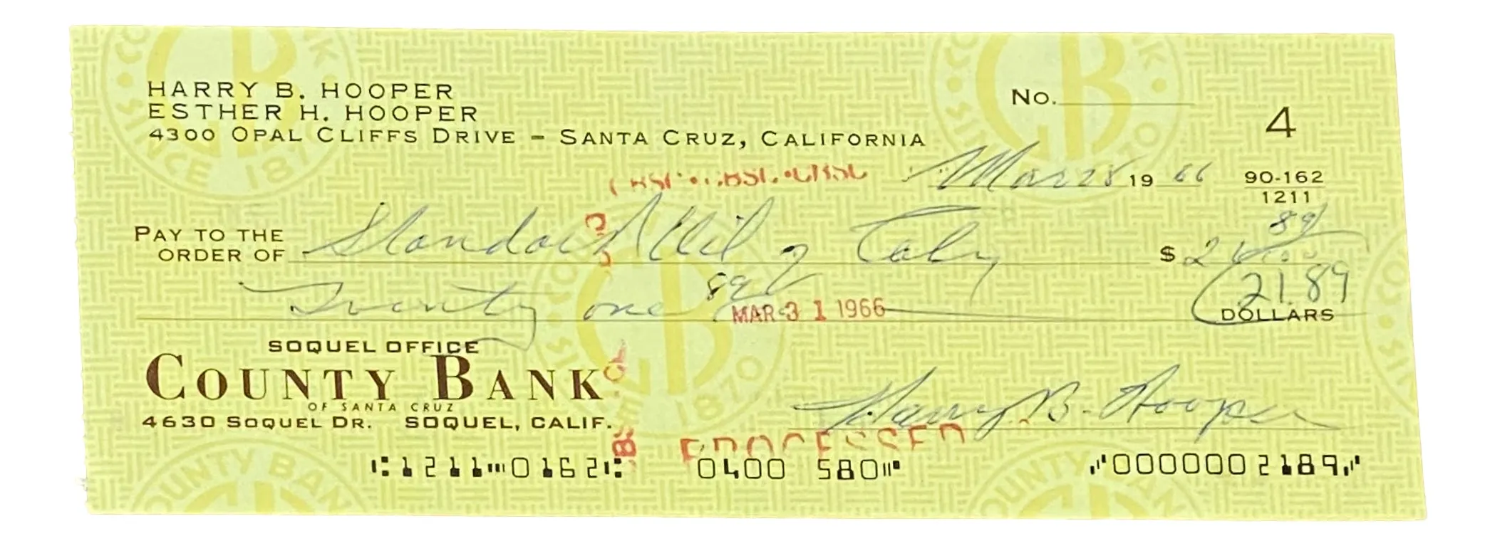Harry Hooper Boston Red Sox Signed March 28 1966  Bank Check 2 BAS