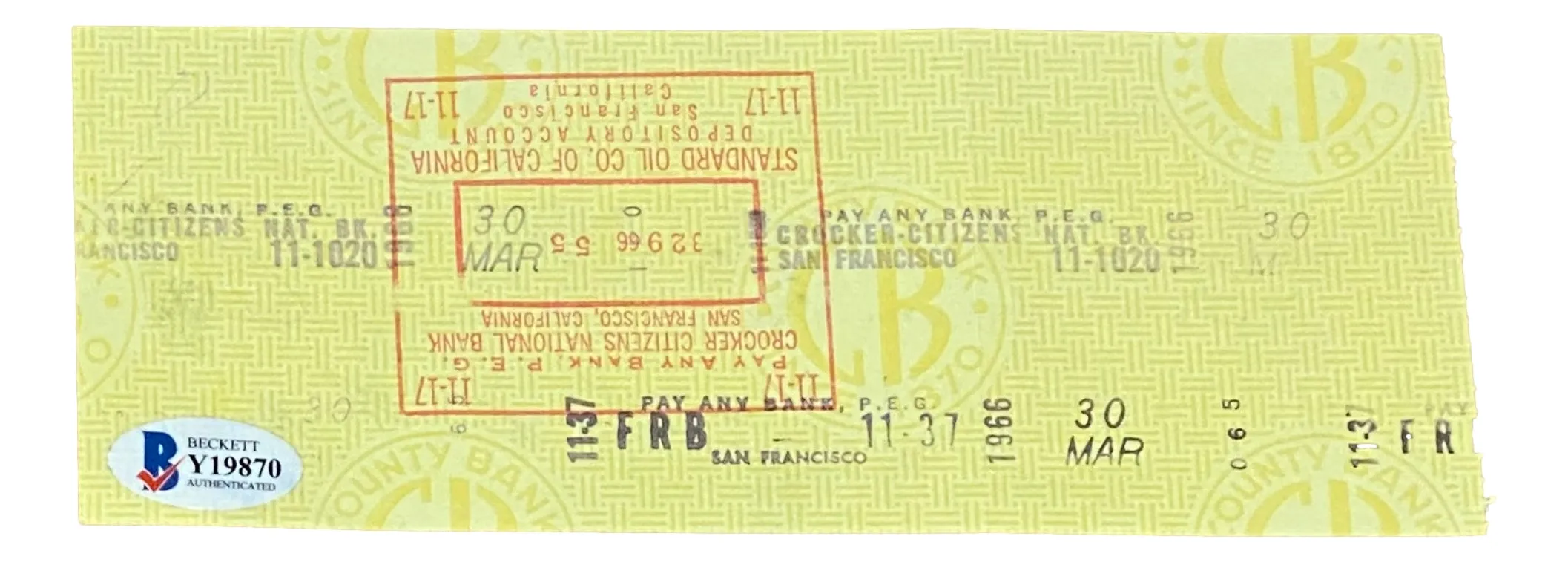Harry Hooper Boston Red Sox Signed March 28 1966  Bank Check 2 BAS