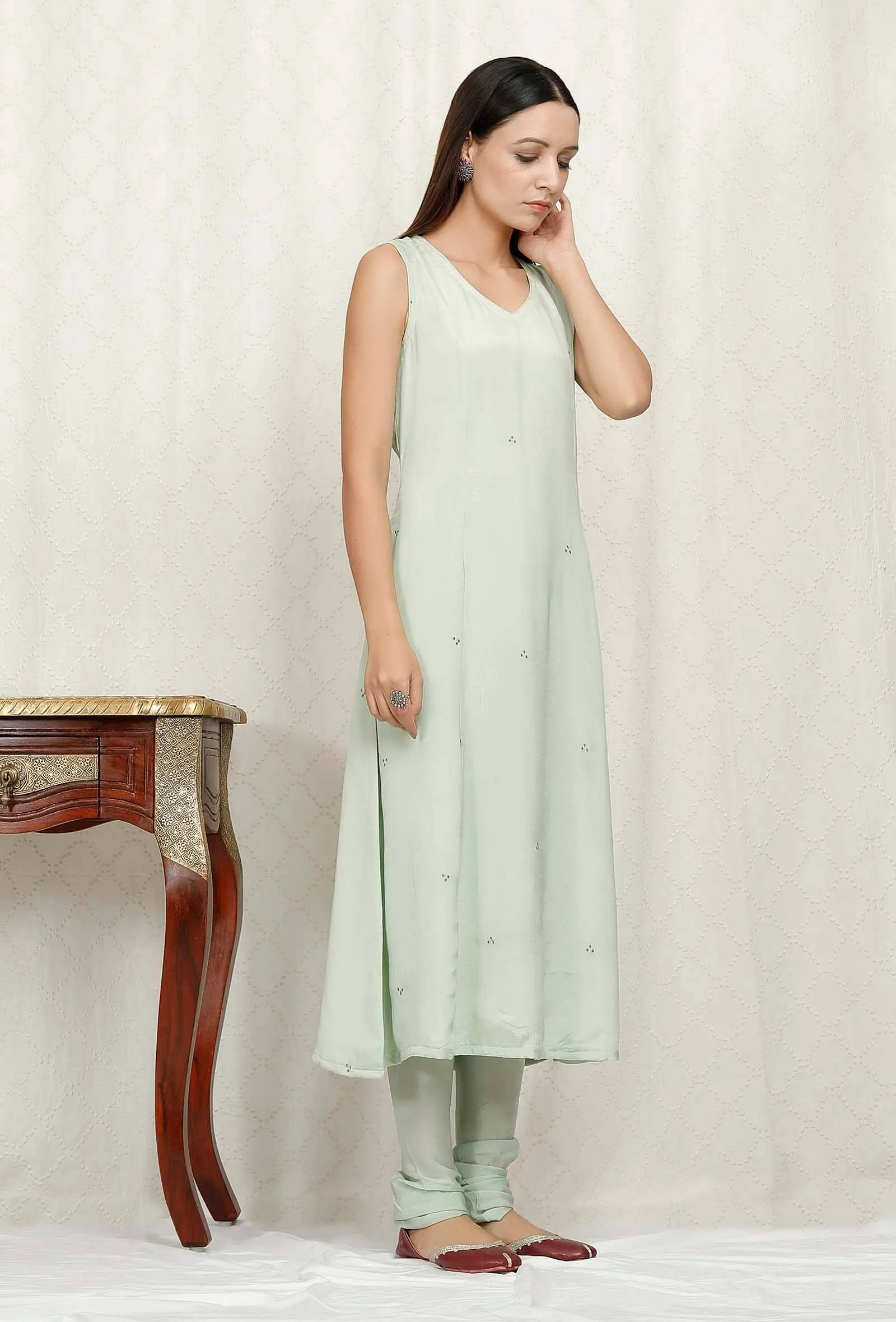 Mint Green Embroidered Chinon Kurta