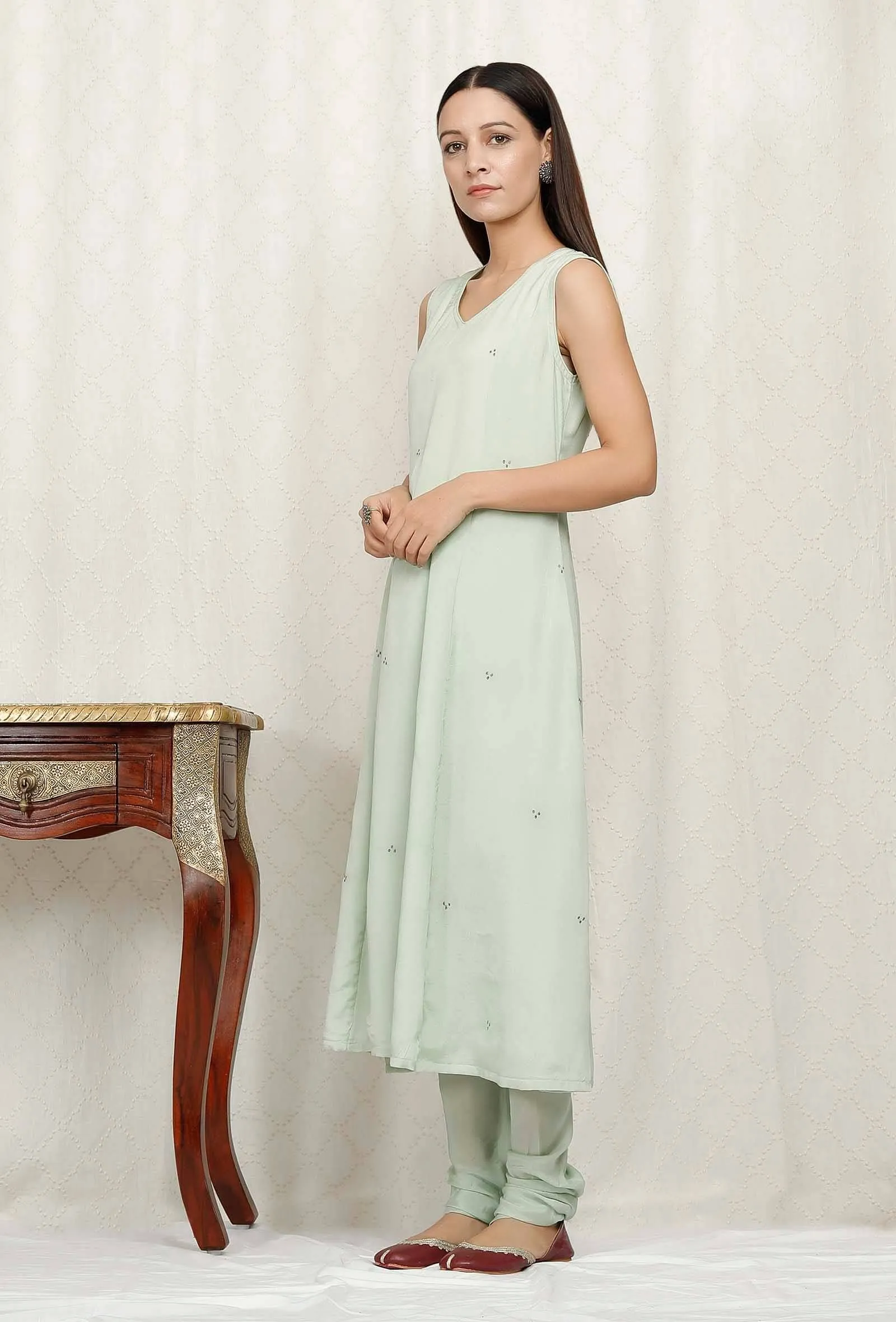 Mint Green Embroidered Chinon Kurta
