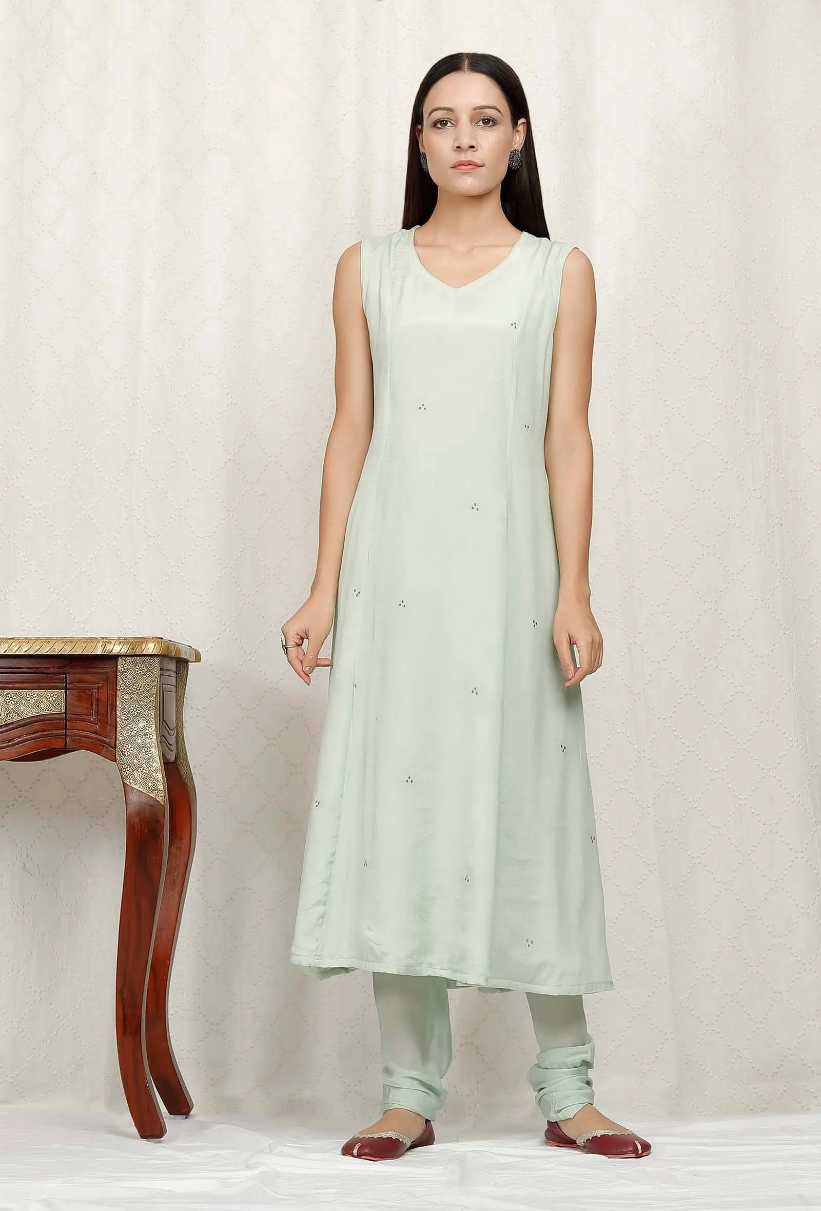 Mint Green Embroidered Chinon Kurta