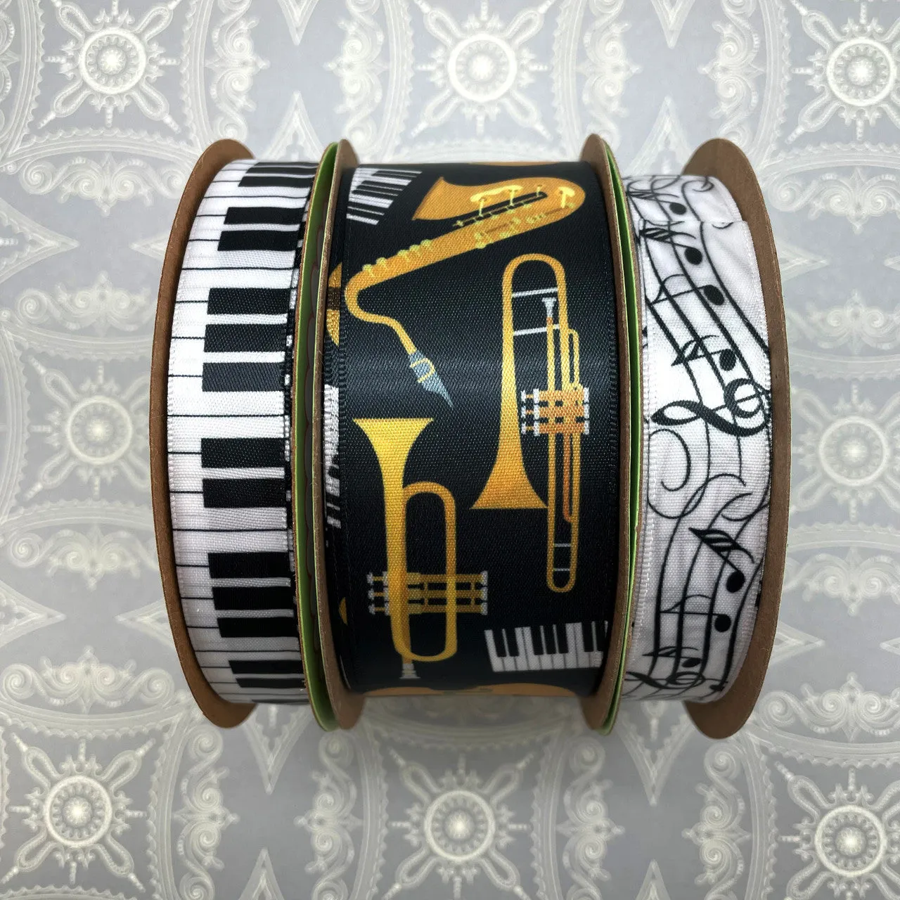 Musical Instruments in gold, black and white printed on 1.5"white single face satin