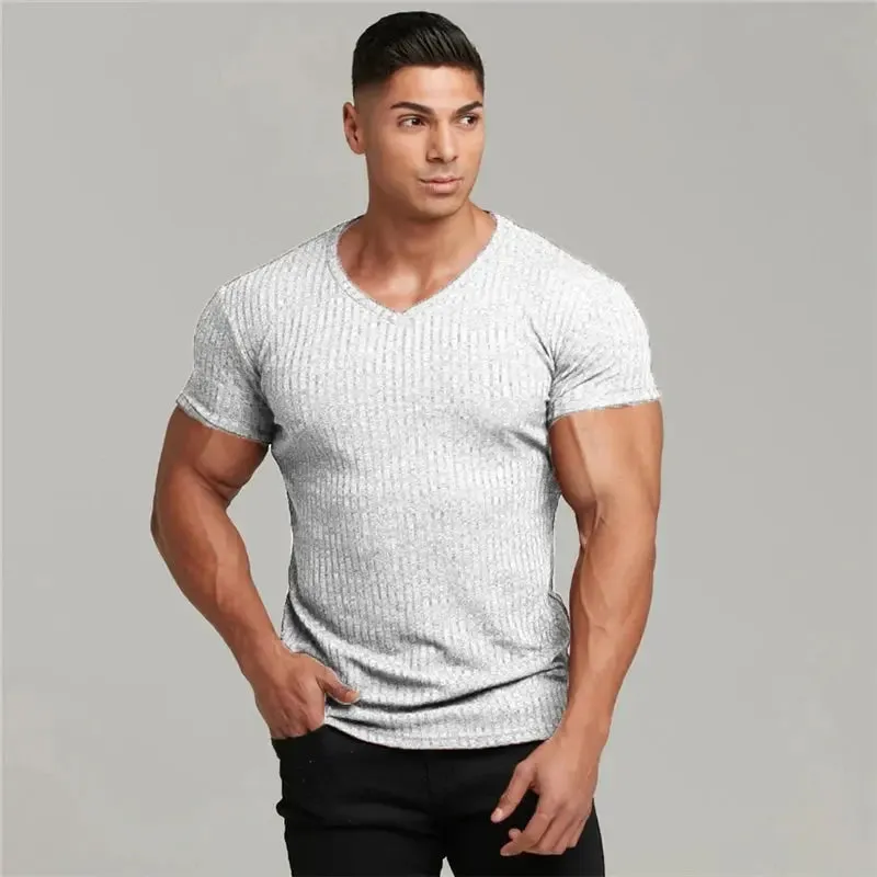 New Summer Men's Fashion T-Shirt Knitting V-Neck Slim Fit Tee Shirt Mens Short Sleeve Pullovers Tshirts Men Fitness Knittwear