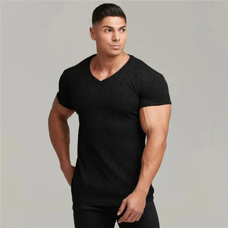 New Summer Men's Fashion T-Shirt Knitting V-Neck Slim Fit Tee Shirt Mens Short Sleeve Pullovers Tshirts Men Fitness Knittwear
