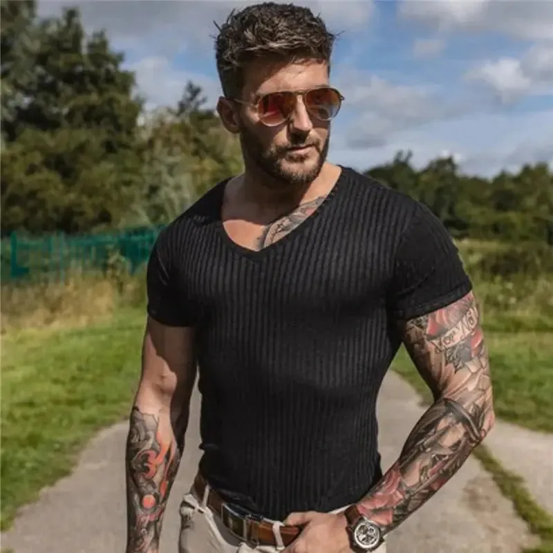 New Summer Men's Fashion T-Shirt Knitting V-Neck Slim Fit Tee Shirt Mens Short Sleeve Pullovers Tshirts Men Fitness Knittwear