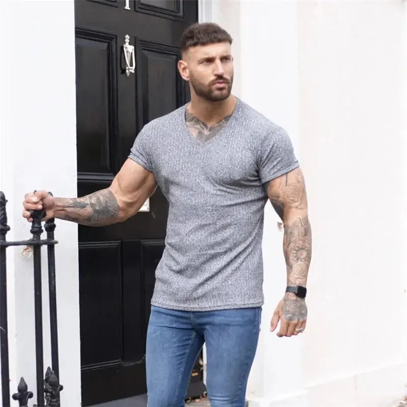 New Summer Men's Fashion T-Shirt Knitting V-Neck Slim Fit Tee Shirt Mens Short Sleeve Pullovers Tshirts Men Fitness Knittwear