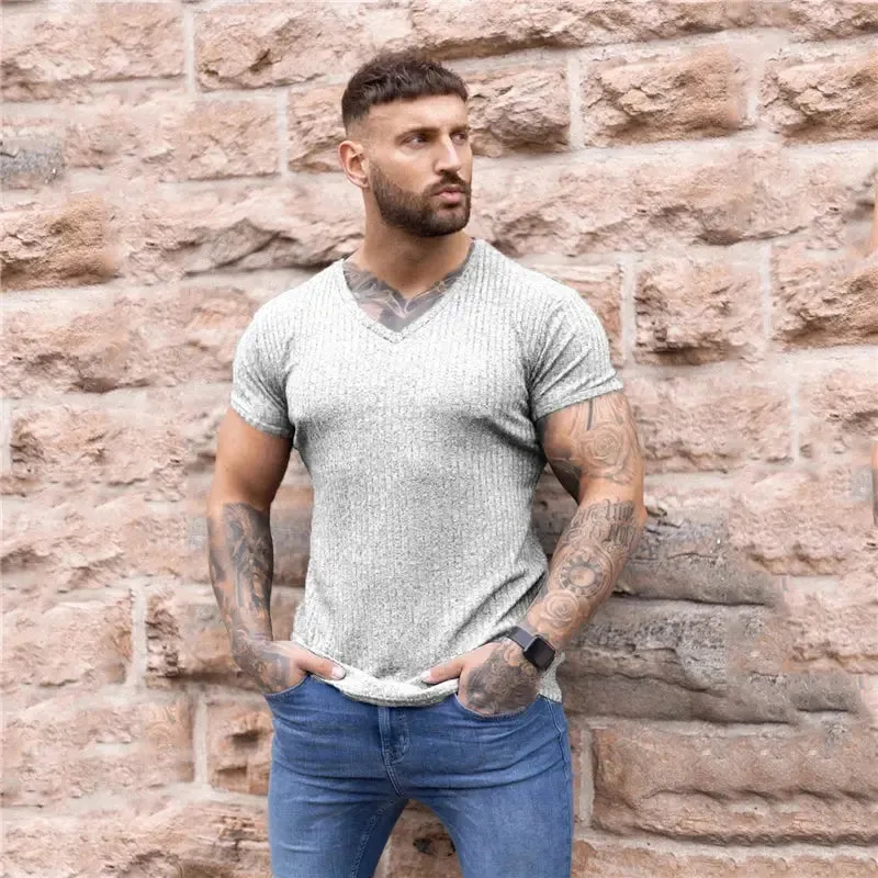New Summer Men's Fashion T-Shirt Knitting V-Neck Slim Fit Tee Shirt Mens Short Sleeve Pullovers Tshirts Men Fitness Knittwear
