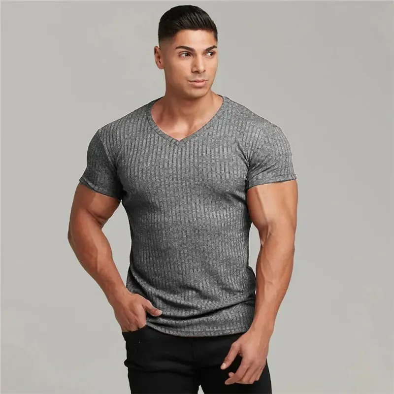 New Summer Men's Fashion T-Shirt Knitting V-Neck Slim Fit Tee Shirt Mens Short Sleeve Pullovers Tshirts Men Fitness Knittwear