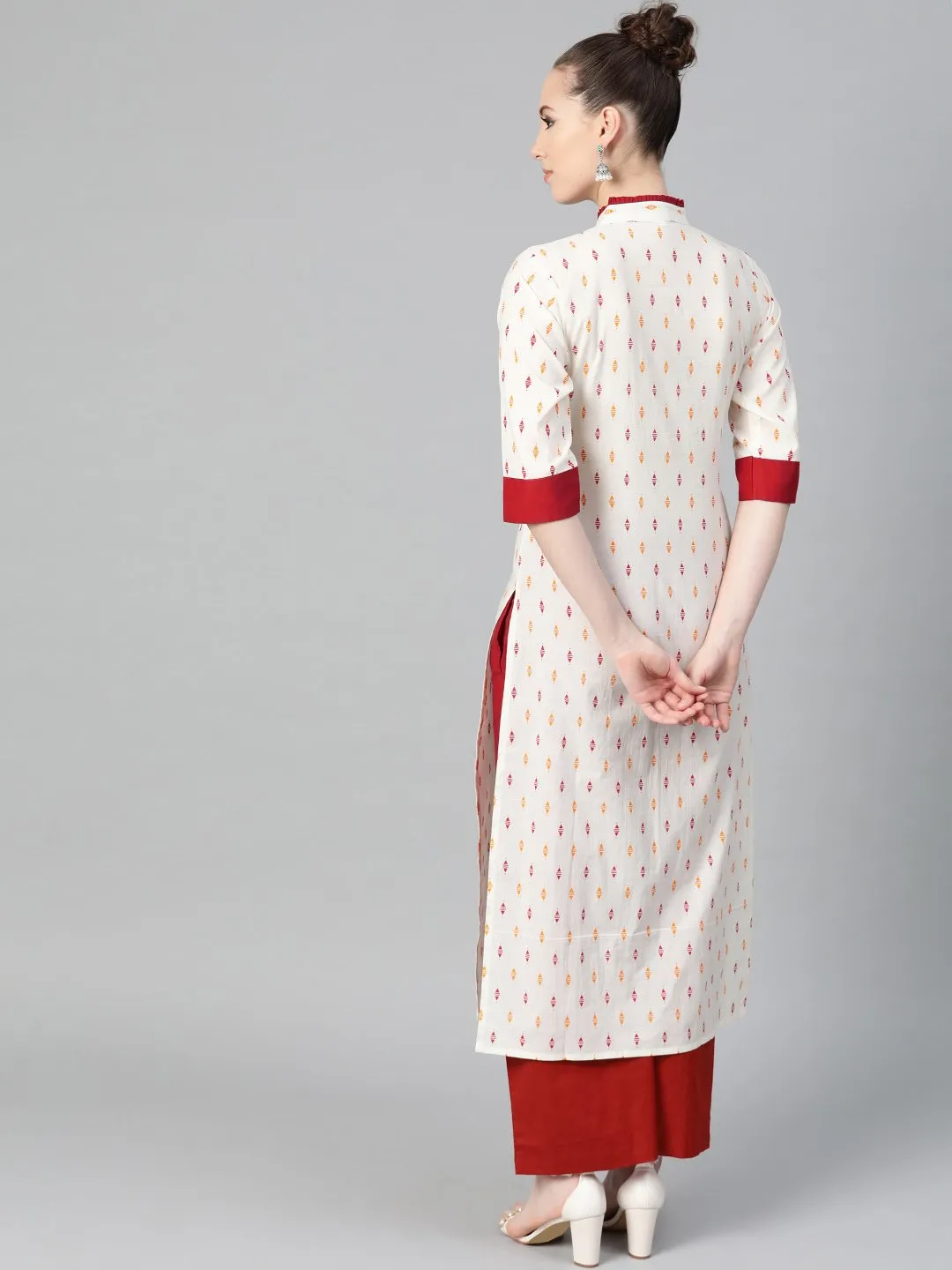 Off White With Multi Colored Geometric Print Kurta With Detailed Collar And Placket With Solid Maroon Pallazo