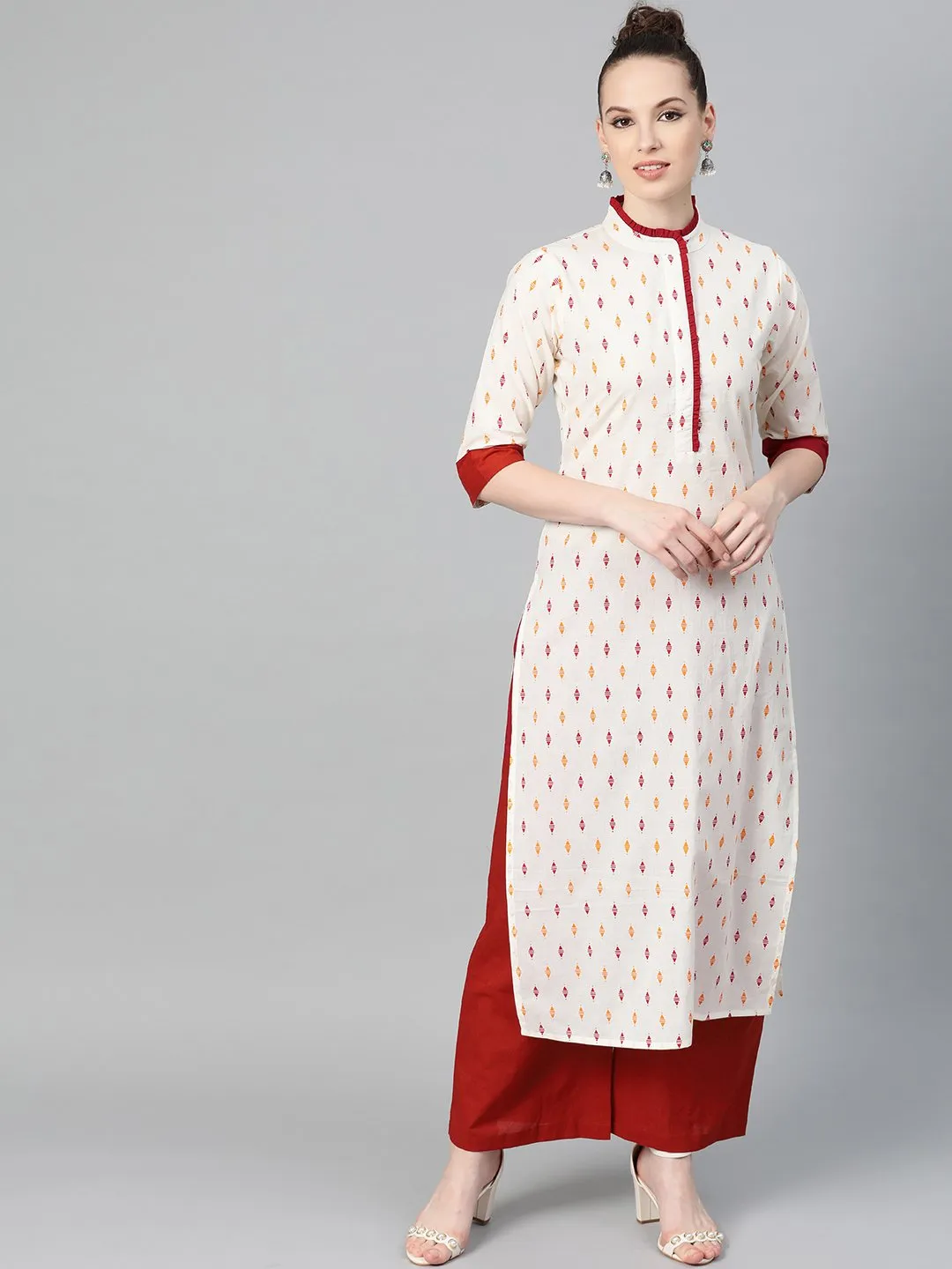 Off White With Multi Colored Geometric Print Kurta With Detailed Collar And Placket With Solid Maroon Pallazo