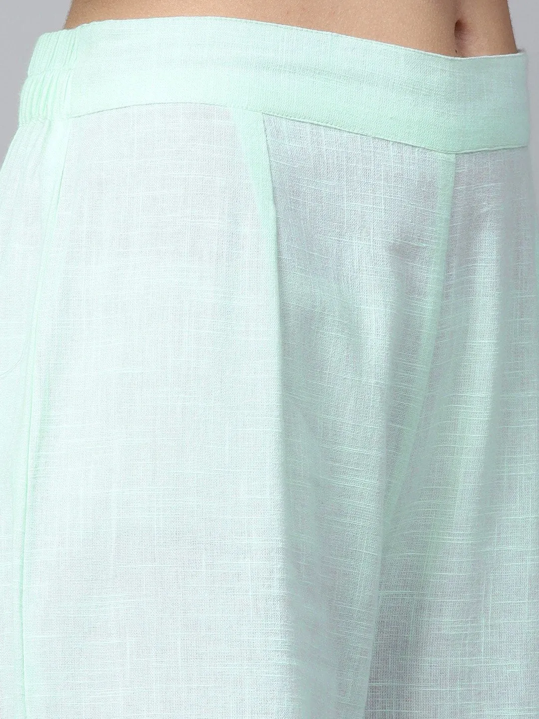 Pista Green 3/4Th Sleeve Cotton Block Printed A-Line Kurta With Flared Palazzo
