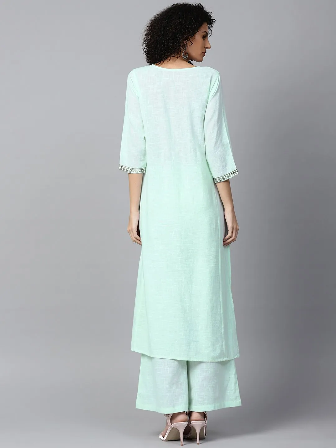 Pista Green 3/4Th Sleeve Cotton Block Printed A-Line Kurta With Flared Palazzo