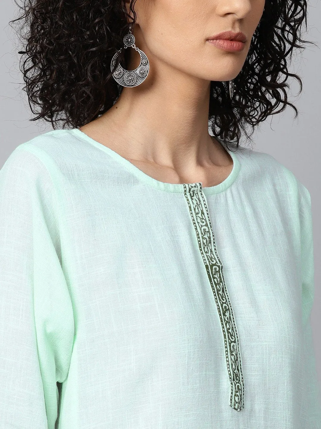 Pista Green 3/4Th Sleeve Cotton Block Printed A-Line Kurta With Flared Palazzo
