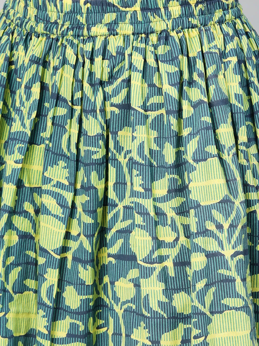 Teal Green & Lime Green Floral Printed Kurta Set With Skirt