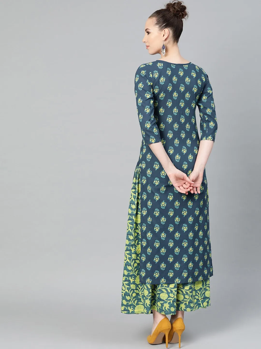 Teal Green & Lime Green Floral Printed Kurta Set With Skirt