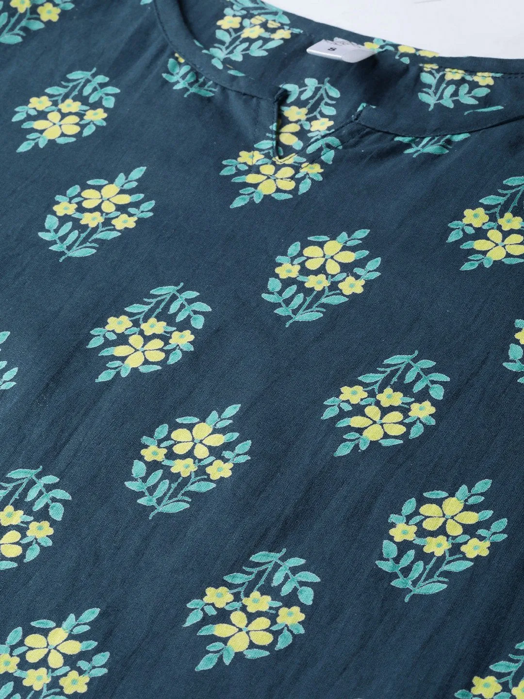 Teal Green & Lime Green Floral Printed Kurta Set With Skirt
