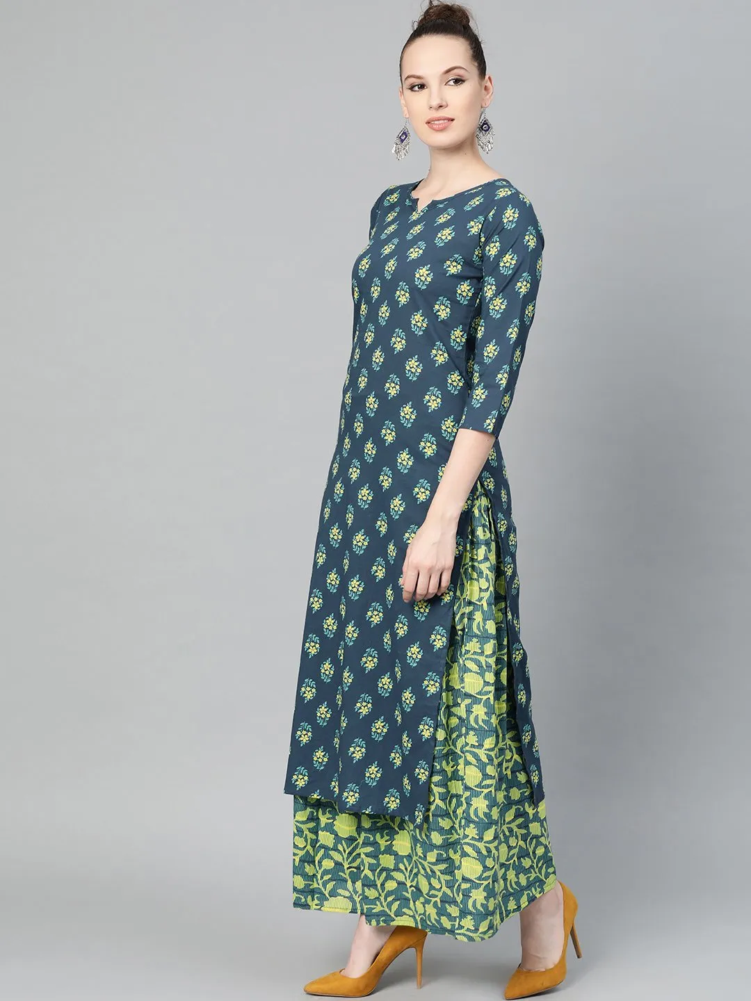 Teal Green & Lime Green Floral Printed Kurta Set With Skirt