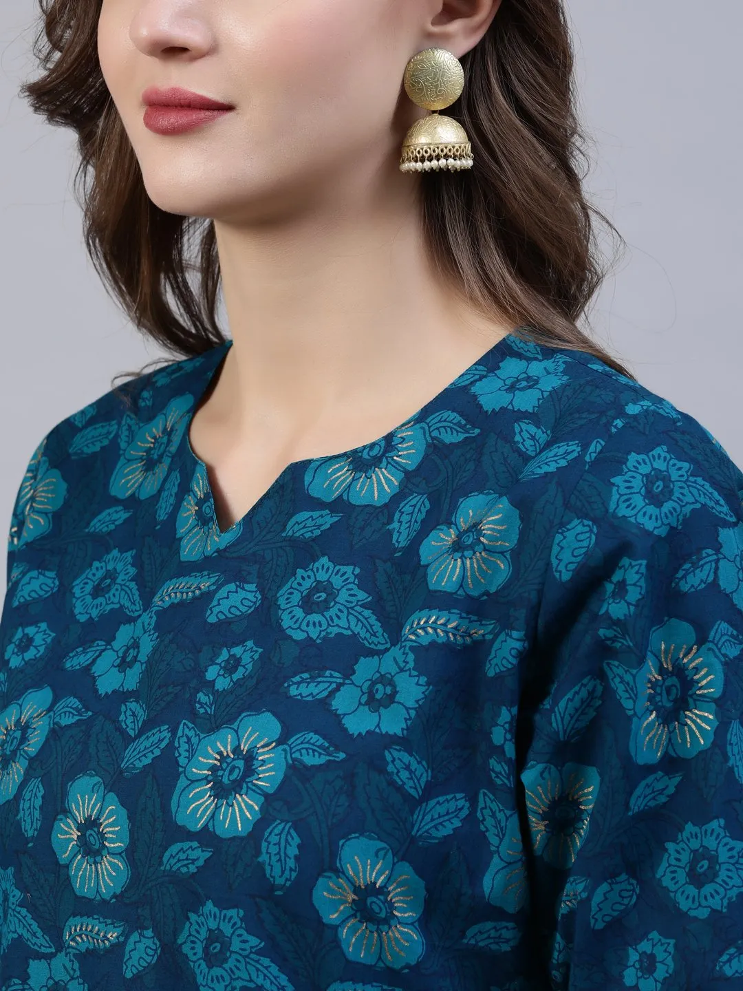 Women Green Floral Printed Gathered Kurta With Palazo