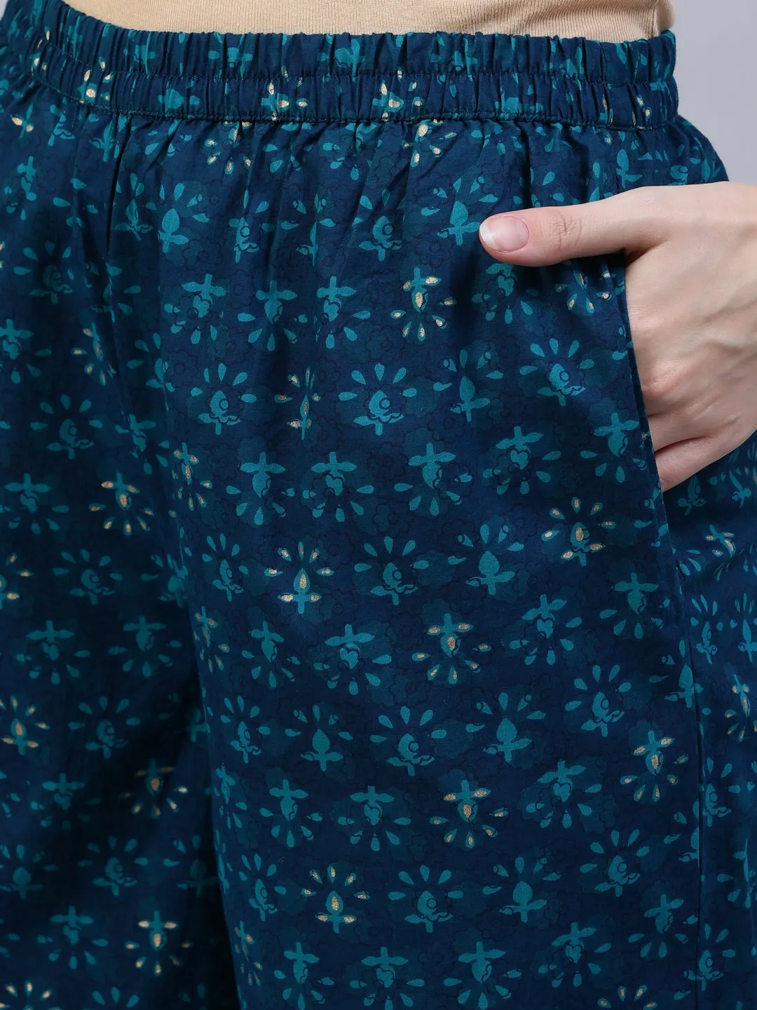 Women Green Floral Printed Gathered Kurta With Palazo