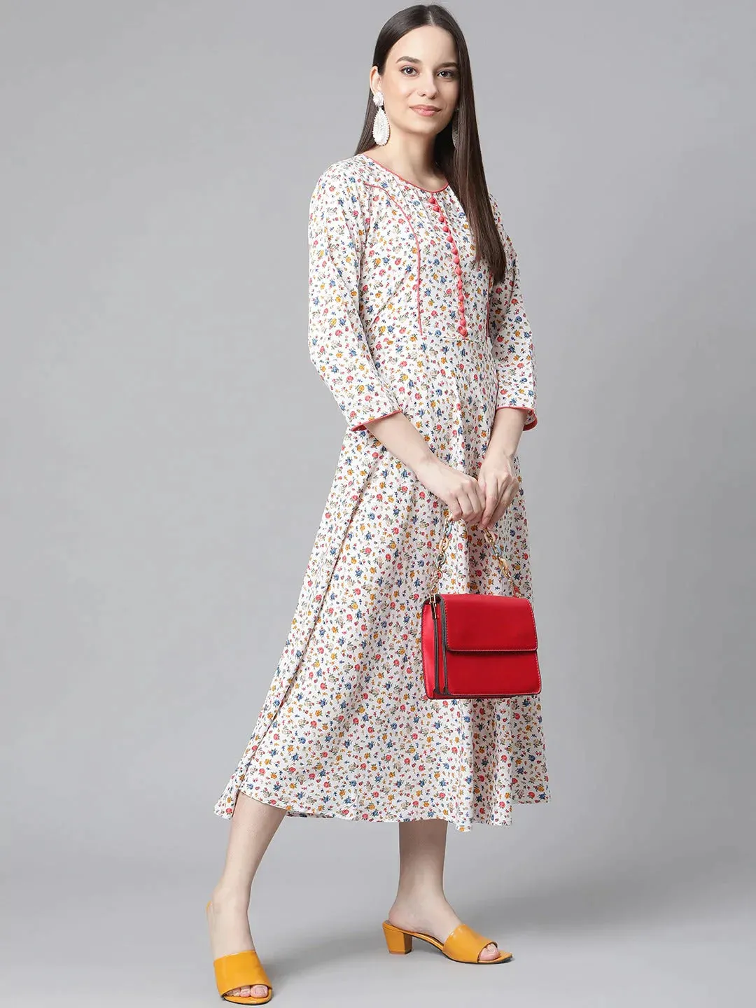 Women White & Orange Floral Printed Floral Kurta