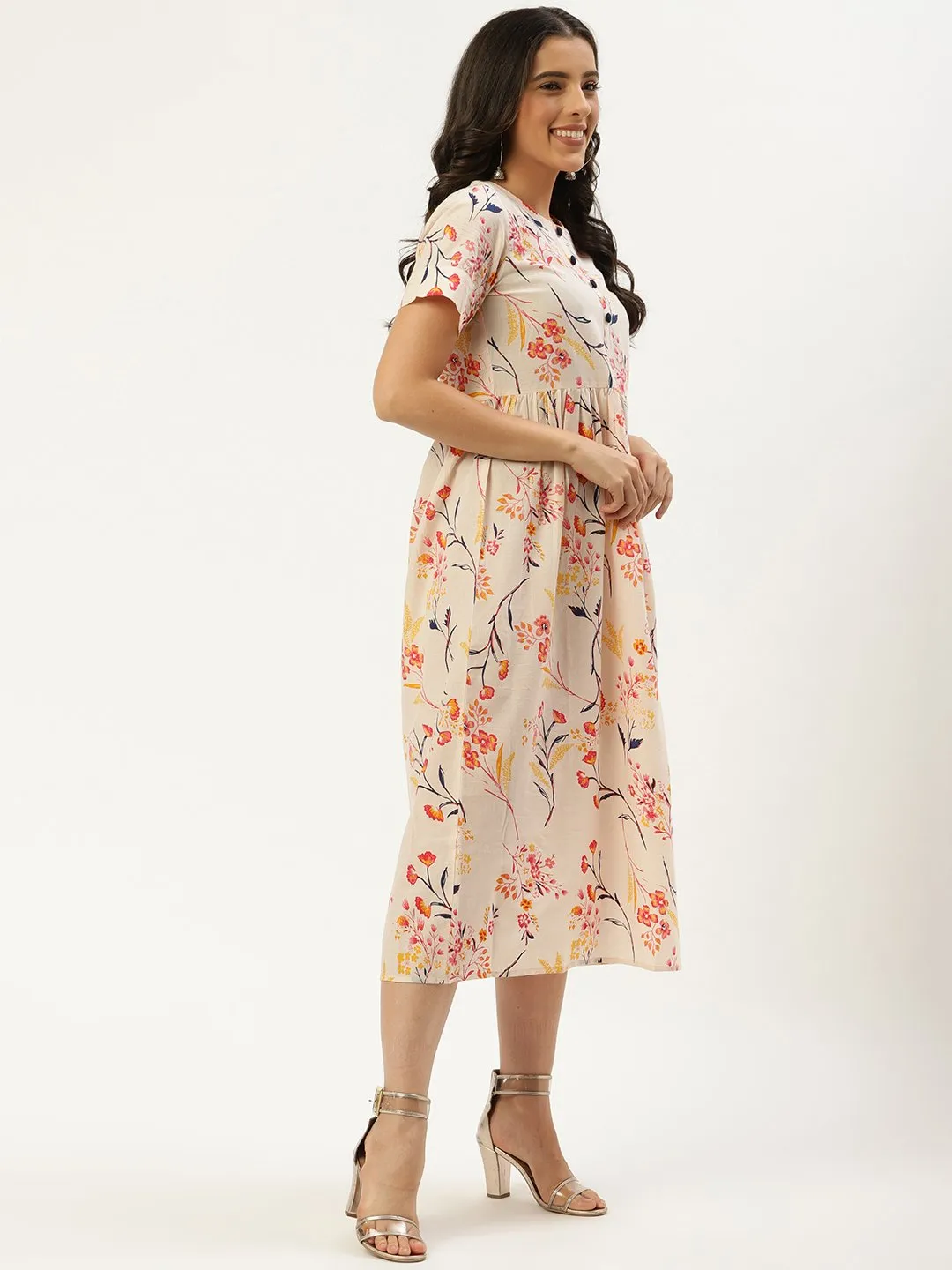 Women Yellow Floral Printed Round Neck Cotton A-Line Dress