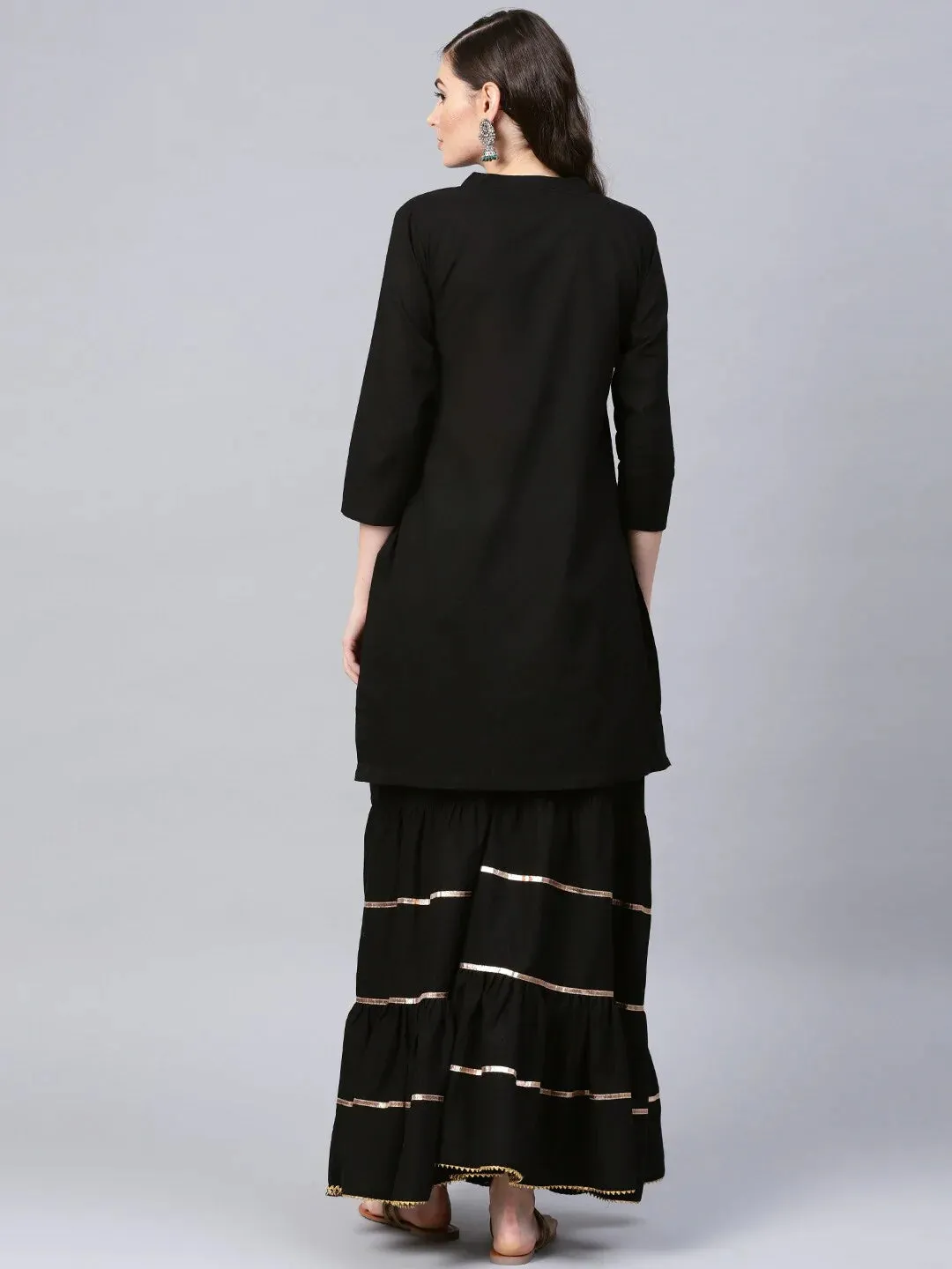 Women'S Black Foil Printed Kurta With Sharara