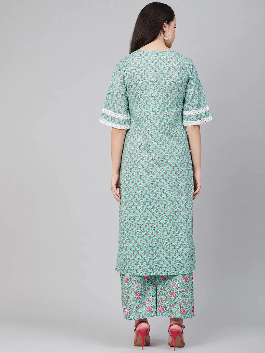 Women'S Green & Pink Printed Kurta With Palazzos