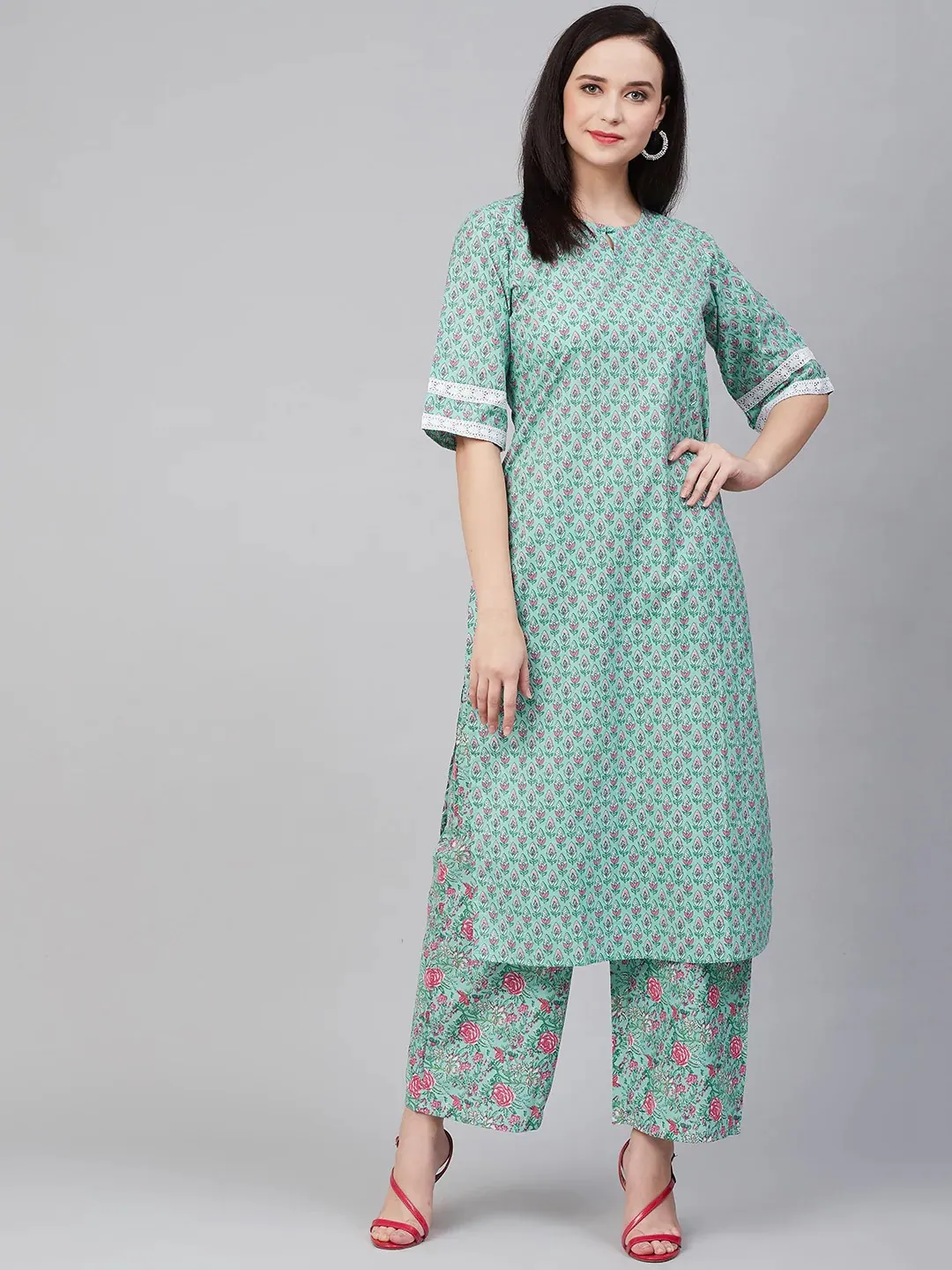 Women'S Green & Pink Printed Kurta With Palazzos